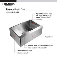 Thumbnail for Houzer Epicure 30 inch Apron Front Farmhouse Single Bowl Kitchen Sink with Strainer & Grid