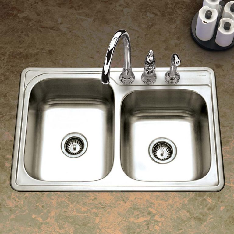 Houzer Glowtone 33" Stainless Steel Topmount 60/40 Double Bowl Kitchen Sink with Strainers & Grids
