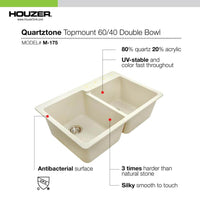 Thumbnail for Houzer Quartztone 33 inch Granite Composite Drop-in Topmount 60/40 Double Bowl Kitchen Sink