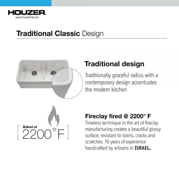 Houzer Platus 32 inch White Fireclay Apron Front Farmhouse 50/50 Double Bowl Kitchen Sink with Low Divider