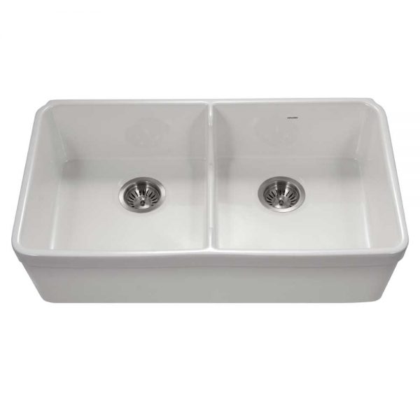 Houzer Platus 32 inch White Fireclay Apron Front Farmhouse 50/50 Double Bowl Kitchen Sink with Low Divider