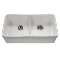 Thumbnail for Houzer Platus 32 inch White Fireclay Apron Front Farmhouse 50/50 Double Bowl Kitchen Sink with Low Divider