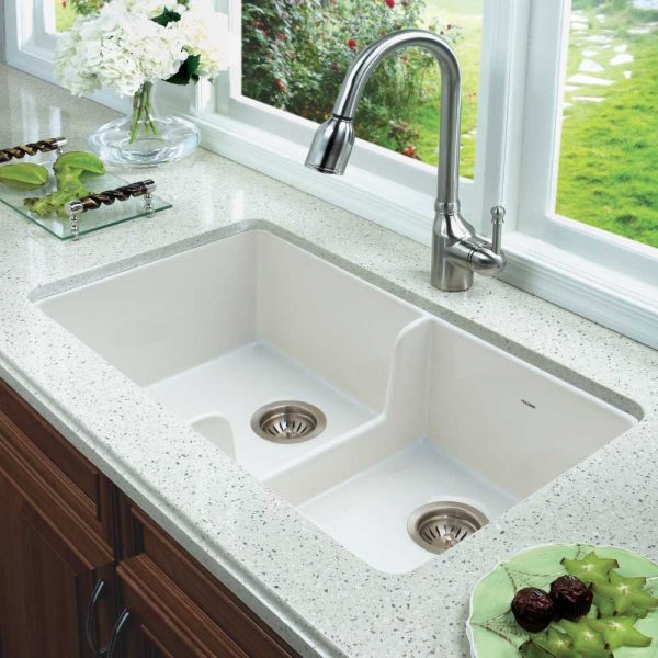 Houzer Platus 32 inch White Fireclay Apron Front Farmhouse 50/50 Double Bowl Kitchen Sink with Low Divider