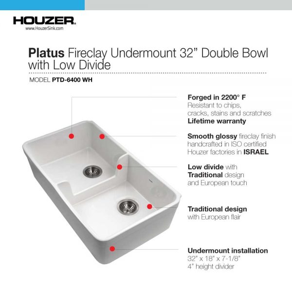 Houzer Platus 32 inch White Fireclay Apron Front Farmhouse 50/50 Double Bowl Kitchen Sink with Low Divider