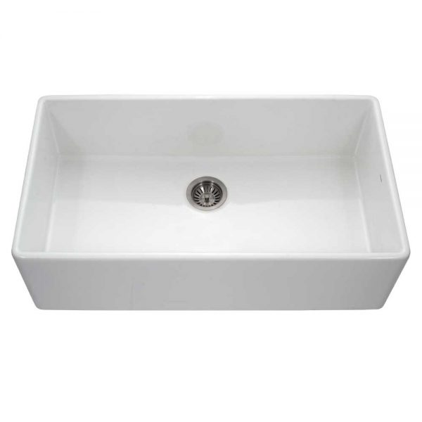 Houzer Platus White Fireclay Apron Front Farmhouse Single Bowl Kitchen Sink with Strainer & Grid