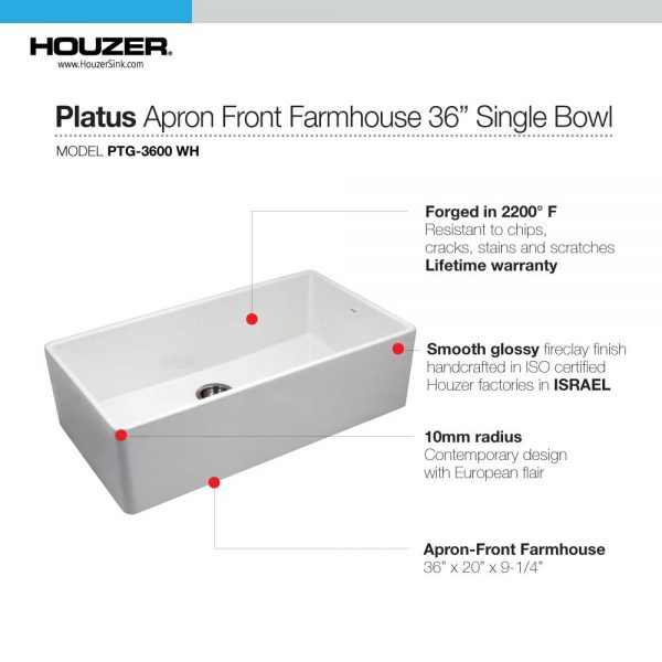 Houzer Platus White Fireclay Apron Front Farmhouse Single Bowl Kitchen Sink with Strainer & Grid