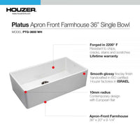 Thumbnail for Houzer Platus White Fireclay Apron Front Farmhouse Single Bowl Kitchen Sink with Strainer & Grid