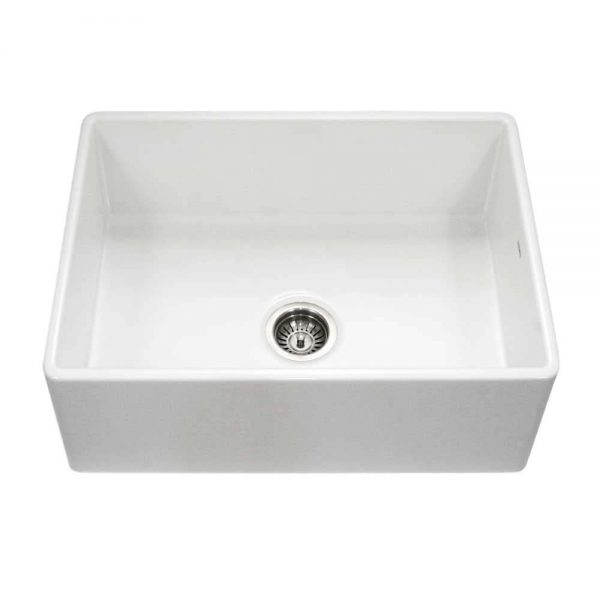Houzer Platus White Fireclay Apron Front Farmhouse Single Bowl Kitchen Sink with Strainer & Grid