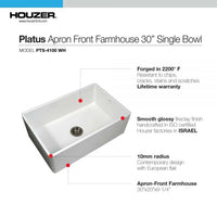 Thumbnail for Houzer Platus White Fireclay Apron Front Farmhouse Single Bowl Kitchen Sink with Strainer & Grid