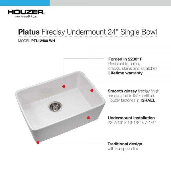 Houzer Platus White Fireclay Undermount Single Bowl Kitchen Sink