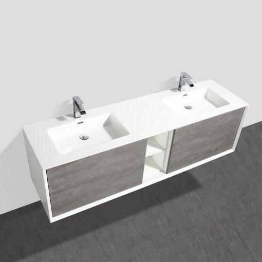 Eviva Vienna 75″ White Frame Wall Mount Double Sink Bathroom Vanity w/ White Integrated Top Vanity Eviva