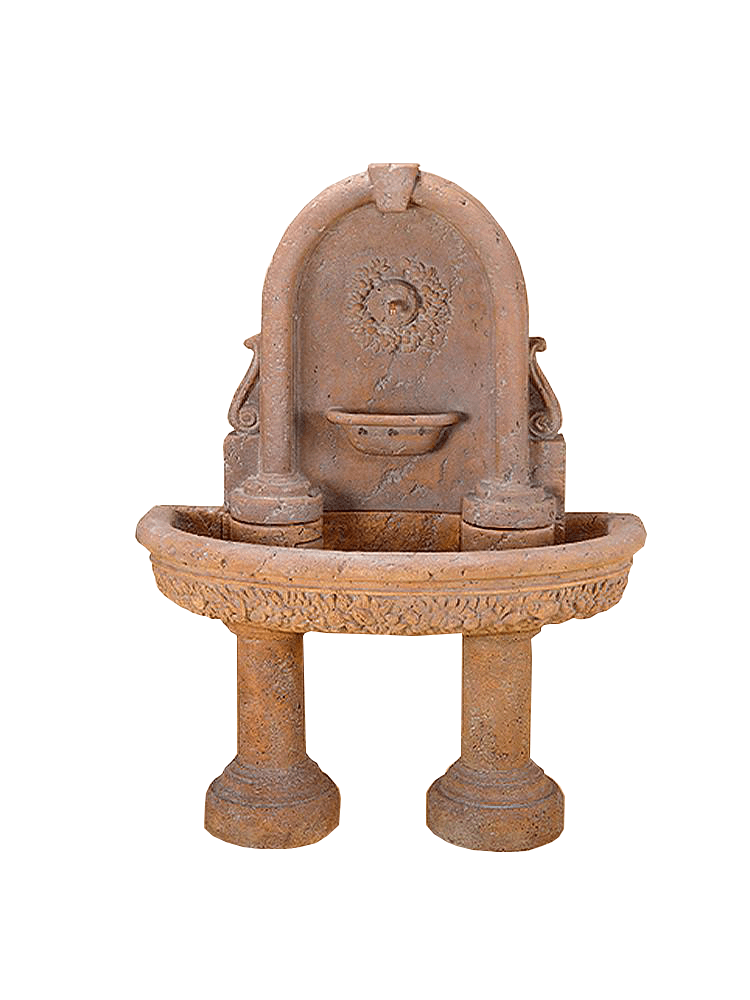 Robbiana Wall Cast Stone Outdoor Garden Water Fountain with 2 Pedestals and Spout Fountain Tuscan