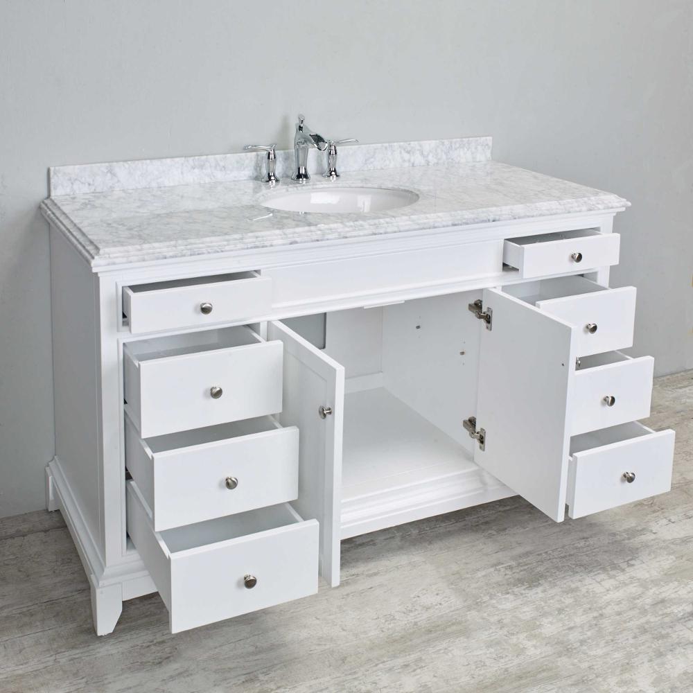 Eviva Elite Stamford 60″ White Single Sink Bathroom Vanity w/ Double Ogee Edge White Carrara Top Vanity Eviva