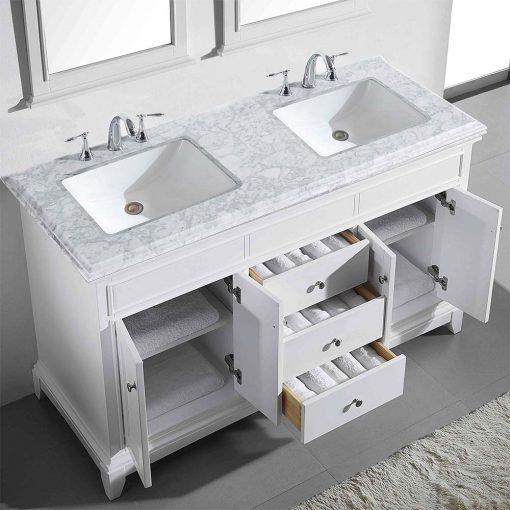 Eviva Elite Princeton 72″ Solid Wood Bathroom Vanity Set with Double OG White Carrera Marble Top Vanity Eviva White