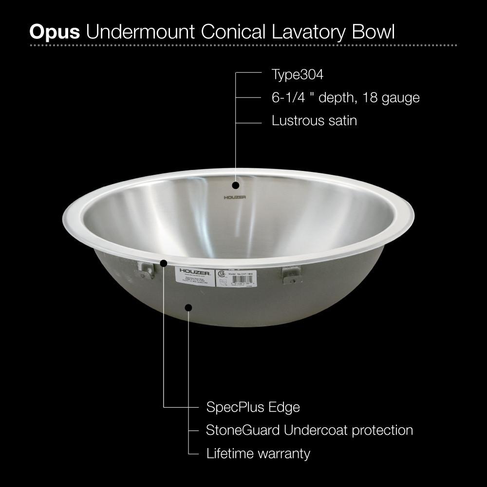 Houzer CR-1620-1 Opus Series Conical Undermount Stainless Steel Lavatory Sink Bathroom Sink - Undermount Houzer