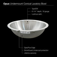 Thumbnail for Houzer CR-1620-1 Opus Series Conical Undermount Stainless Steel Lavatory Sink Bathroom Sink - Undermount Houzer 