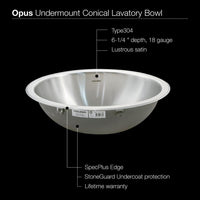 Thumbnail for Houzer CR-1620-1 Opus Series Conical Undermount Stainless Steel Lavatory Sink Bathroom Sink - Undermount Houzer