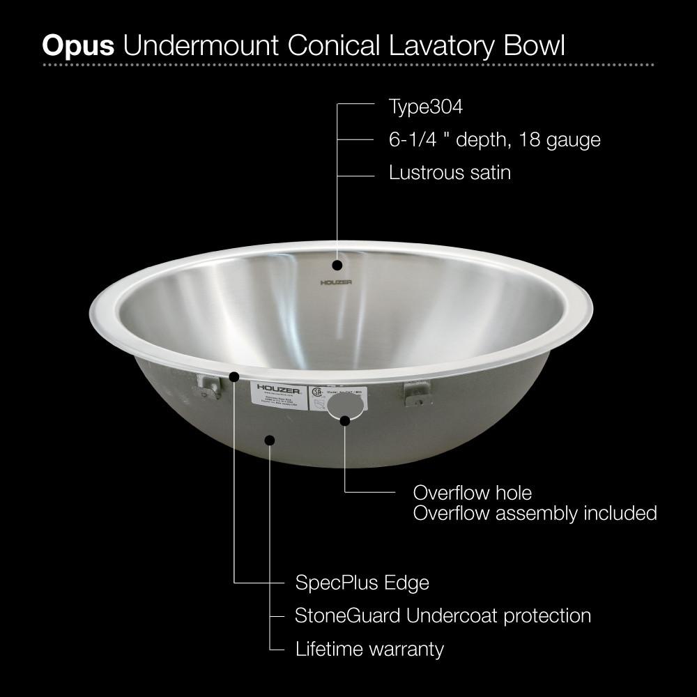 Houzer vOpus Series Conical Undermount Stainless Steel Lavatory Sink with Overflow Bathroom Sink - Undermount Houzer 