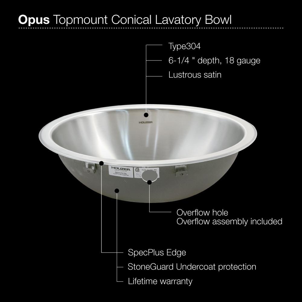 Houzer Opus Series Conical Topmount Stainless Steel Lavatory Sink with Overflow Bathroom Sink - Topmount Houzer