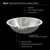 Thumbnail for Houzer Opus Series Conical Topmount Stainless Steel Lavatory Sink with Overflow Bathroom Sink - Topmount Houzer 