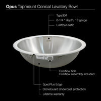 Thumbnail for Houzer Opus Series Conical Topmount Stainless Steel Lavatory Sink with Overflow Bathroom Sink - Topmount Houzer