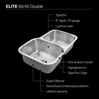 Thumbnail for Houzer Elite Series Undermount Stainless Steel 60/40 Double Bowl Kitchen Sink, Small bowl Right Kitchen Sink - Undermount Houzer
