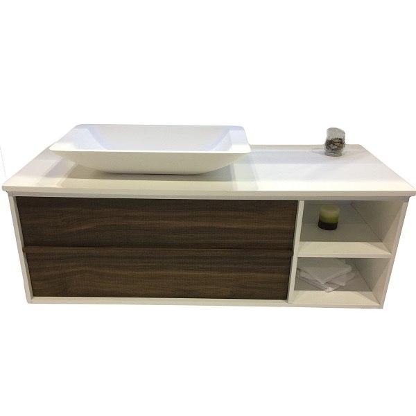 Eviva Lava 46 Inch Walnut Wall Mount Bathroom Vanity with White Solid Surface Vessel Sink Bathroom Vanity Eviva