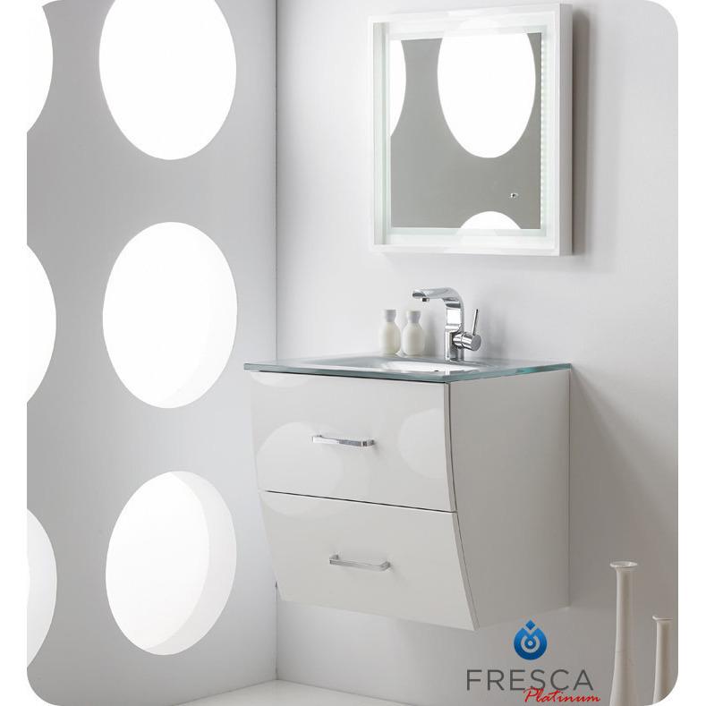 Fresca Platinum Wave 24" Glossy White Modern Bathroom Vanity Glass Counter Sink Vanity Fresca