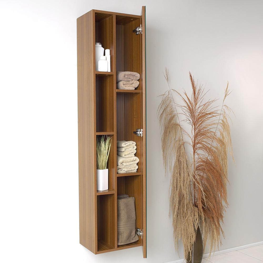 Fresca Teak Bathroom Linen Side Cabinet w/ 4 Cubby Holes & Mirror Linen Cabinet Fresca