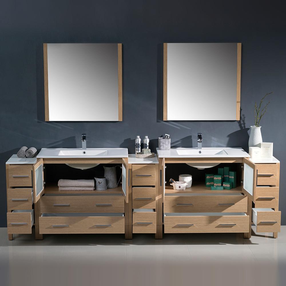 Fresca Torino 108" Light Oak Modern Double Sink w/ 3 Side Cabinets & Integrated Sinks Vanity Fresca