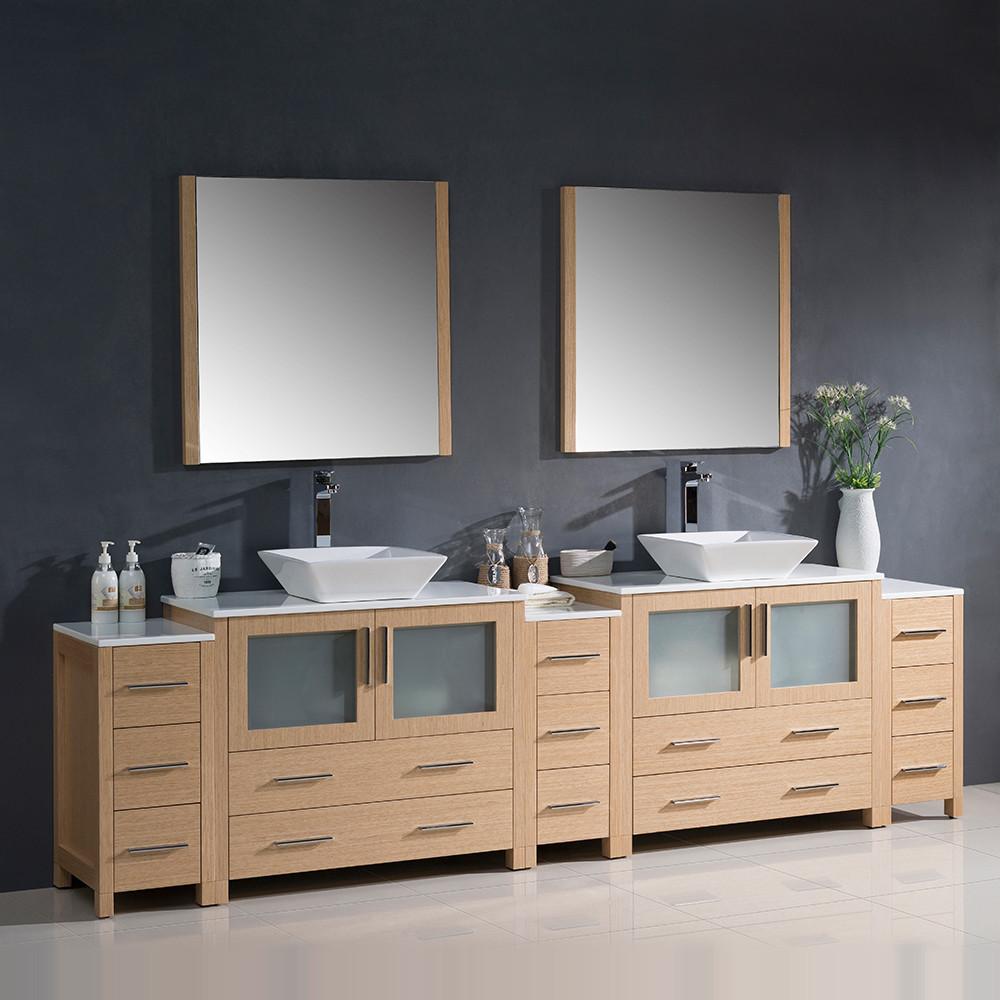Fresca Torino 108" Light Oak Modern Double Sink Vanity w/ 3 Side Cabinets & Vessel Sinks Vanity Fresca