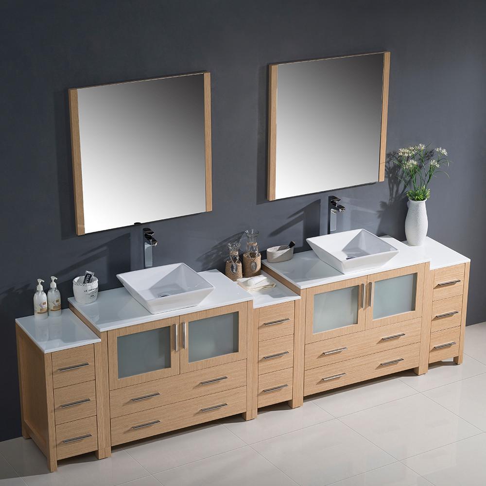 Fresca Torino 108" Light Oak Modern Double Sink Vanity w/ 3 Side Cabinets & Vessel Sinks Vanity Fresca