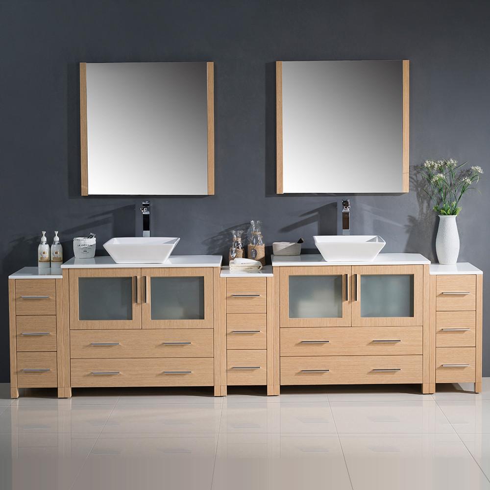 Fresca Torino 108" Light Oak Modern Double Sink Vanity w/ 3 Side Cabinets & Vessel Sinks Vanity Fresca