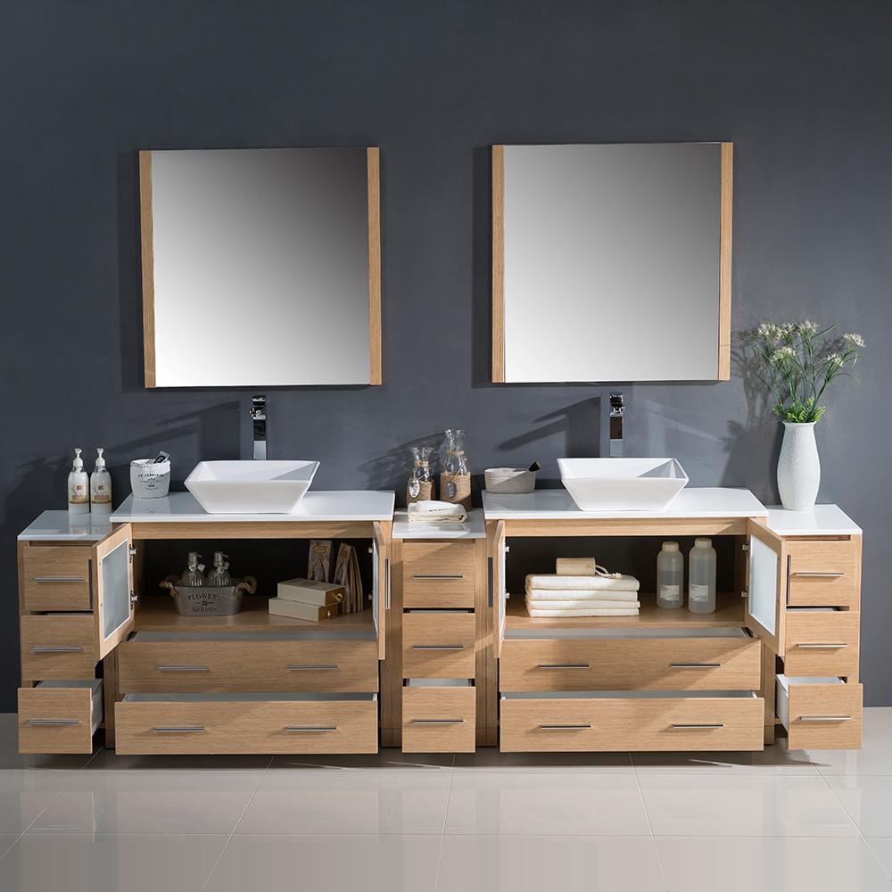Fresca Torino 108" Light Oak Modern Double Sink Vanity w/ 3 Side Cabinets & Vessel Sinks Vanity Fresca