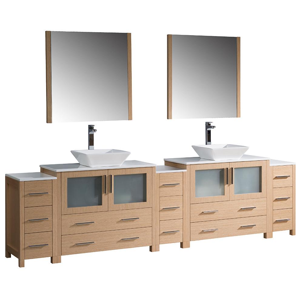 Fresca Torino 108" Light Oak Modern Double Sink Vanity w/ 3 Side Cabinets & Vessel Sinks Vanity Fresca