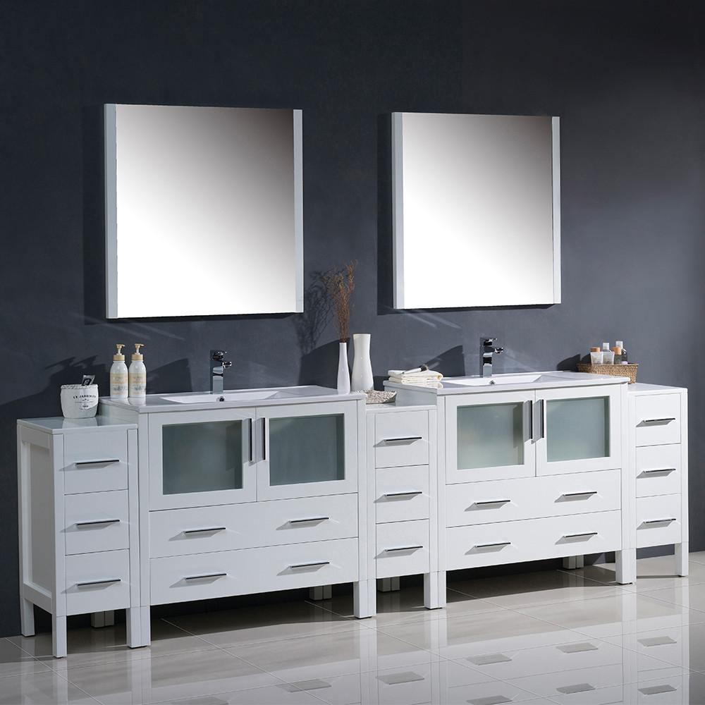 Fresca Torino 108" White Modern Double Sink Vanity w/ 3 Side Cabinets & Integrated Sinks Vanity Fresca
