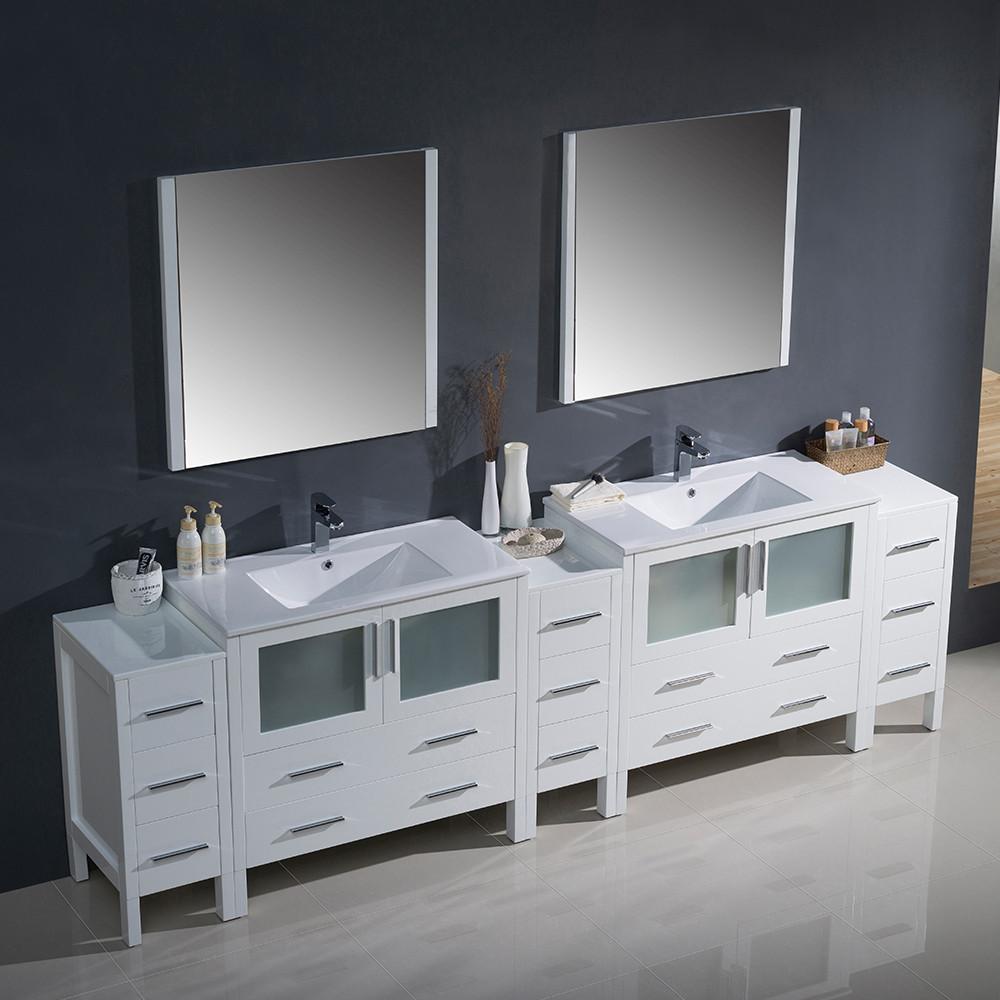 Fresca Torino 108" White Modern Double Sink Vanity w/ 3 Side Cabinets & Integrated Sinks Vanity Fresca