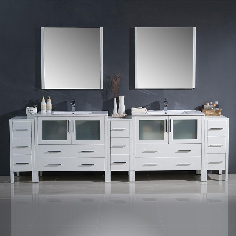 Fresca Torino 108" White Modern Double Sink Vanity w/ 3 Side Cabinets & Integrated Sinks Vanity Fresca
