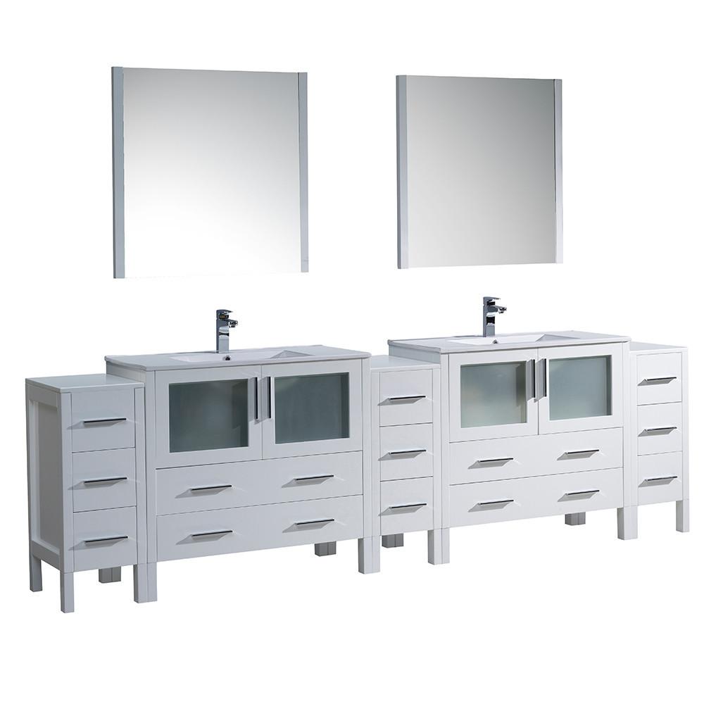 Fresca Torino 108" White Modern Double Sink Vanity w/ 3 Side Cabinets & Integrated Sinks Vanity Fresca