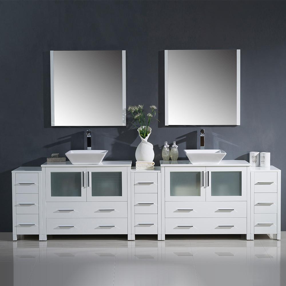 Fresca Torino 108" White Modern Double Sink Vanity w/ 3 Side Cabinets & Vessel Sinks Vanity Fresca
