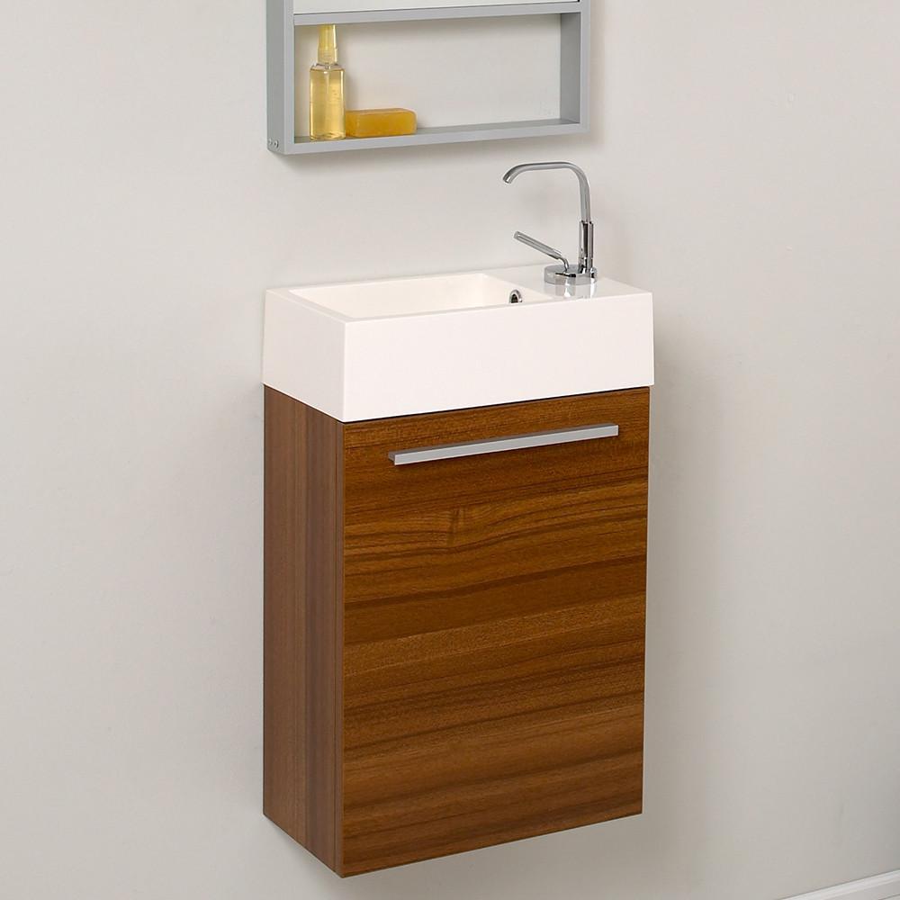 Fresca Pulito Small Teak Modern Bathroom Vanity w/ Tall Mirror & Free Faucet Vanity Fresca