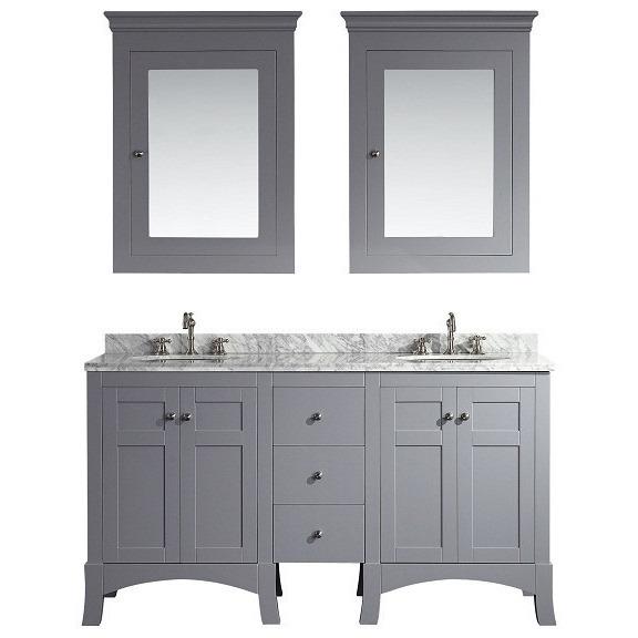 Eviva New York 60" Grey Vanity, with White Marble Carrera Counter-top, & Sink Vanity Eviva