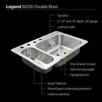 Thumbnail for Houzer Legend Series Top mount Stainless Steel 4-hole 70/30 Double Bowl Kitchen Sink Kitchen Sink-Top Mount Houzer