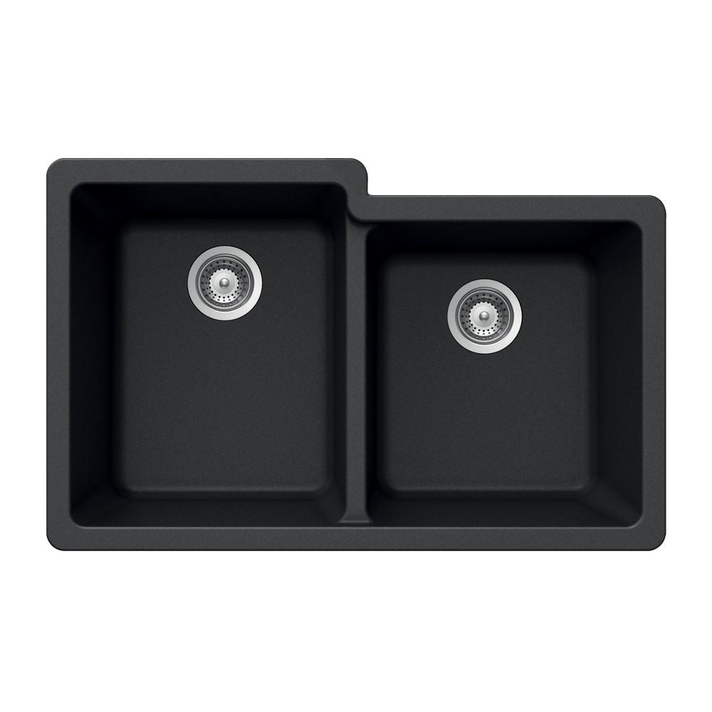 Houzer MIDNITE Quartztone Series Granite Undermount 60/40 Double Bowl Kitchen Sink, Black Kitchen Sink - Undermount Houzer