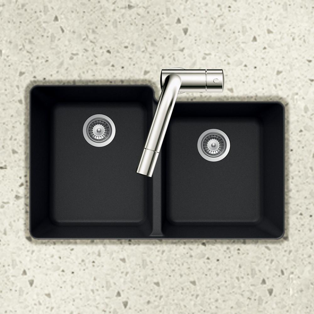 Houzer MIDNITE Quartztone Series Granite Undermount 60/40 Double Bowl Kitchen Sink, Black Kitchen Sink - Undermount Houzer