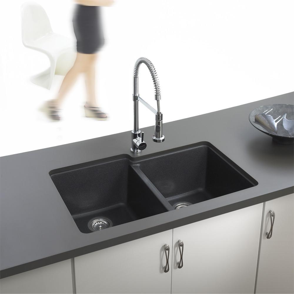 Houzer MIDNITE Quartztone Series Granite Undermount 60/40 Double Bowl Kitchen Sink, Black Kitchen Sink - Undermount Houzer
