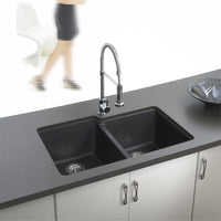 Thumbnail for Houzer MIDNITE Quartztone Series Granite Undermount 60/40 Double Bowl Kitchen Sink, Black Kitchen Sink - Undermount Houzer