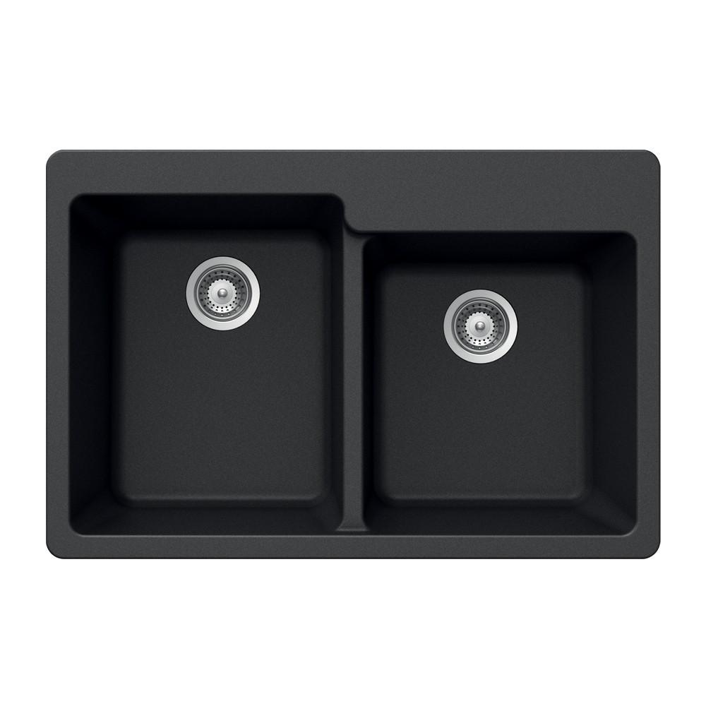 Houzer MIDNITE Quartztone Series Granite Topmount 60/40 Double Bowl Kitchen Sink, Black Kitchen Sink - Topmount Houzer