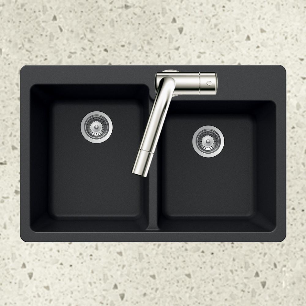 Houzer MIDNITE Quartztone Series Granite Topmount 60/40 Double Bowl Kitchen Sink, Black Kitchen Sink - Topmount Houzer