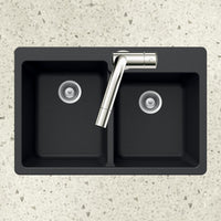 Thumbnail for Houzer MIDNITE Quartztone Series Granite Topmount 60/40 Double Bowl Kitchen Sink, Black Kitchen Sink - Topmount Houzer